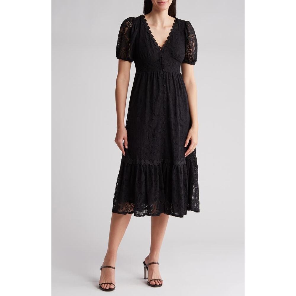 Anthro By the River Lace Short Sleeve Maxi Dress Black sz M Whimsigoth Romantic